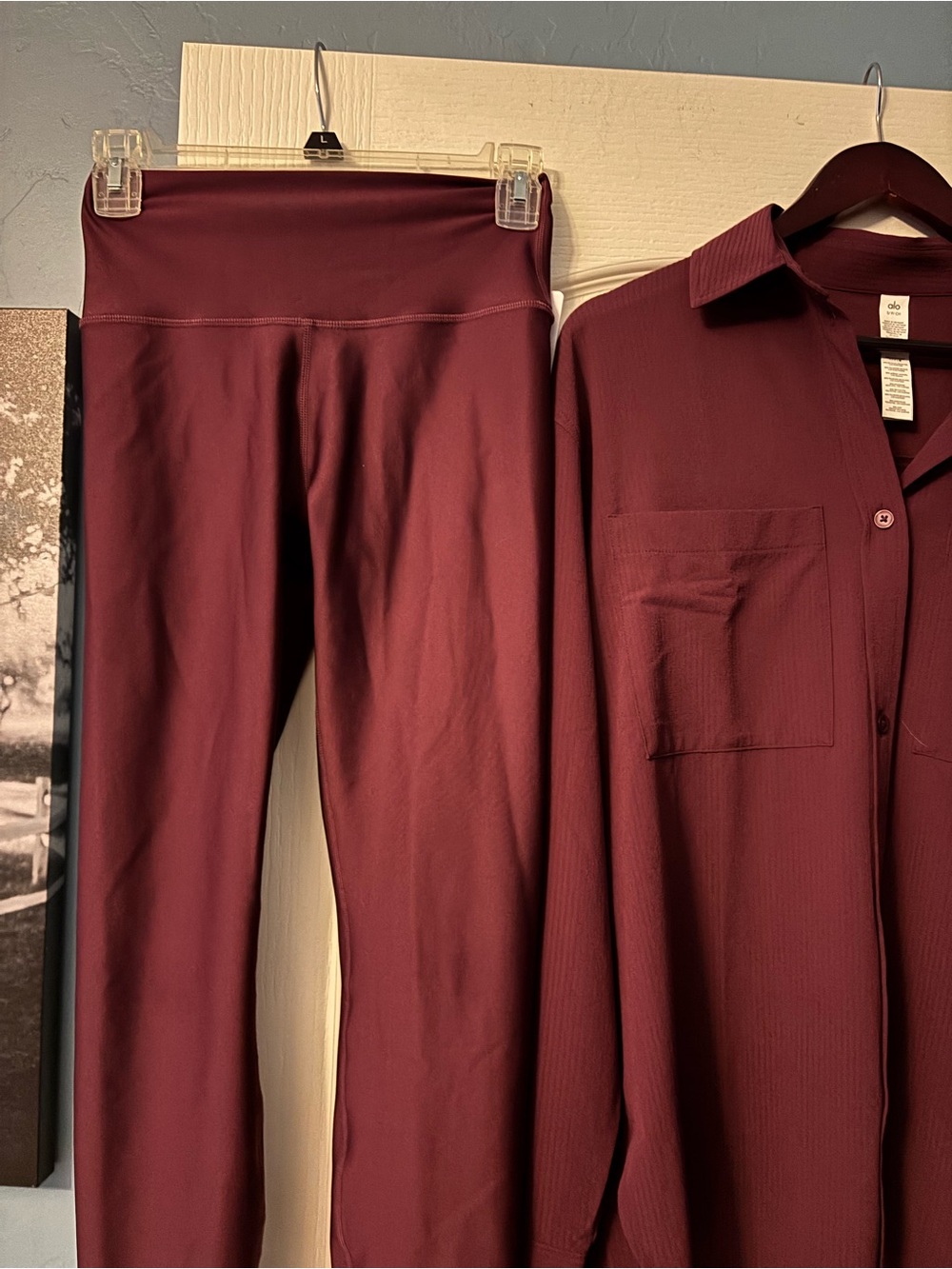 ALO Yoga Deep Wine Button-Up Top and high waist airlift leggings. - Picture 7 of 14
